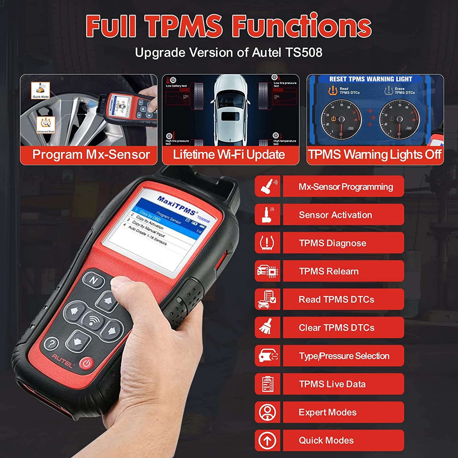 2023 Autel MaxiTPMS TS508WF Ferramenta de Programação TPMS MX-Sersors 315/433MHz, Relearn/Ativar Todos os Sensores, Ler/Limpar DTCs, Reset TPMS, Suporte Lifetime