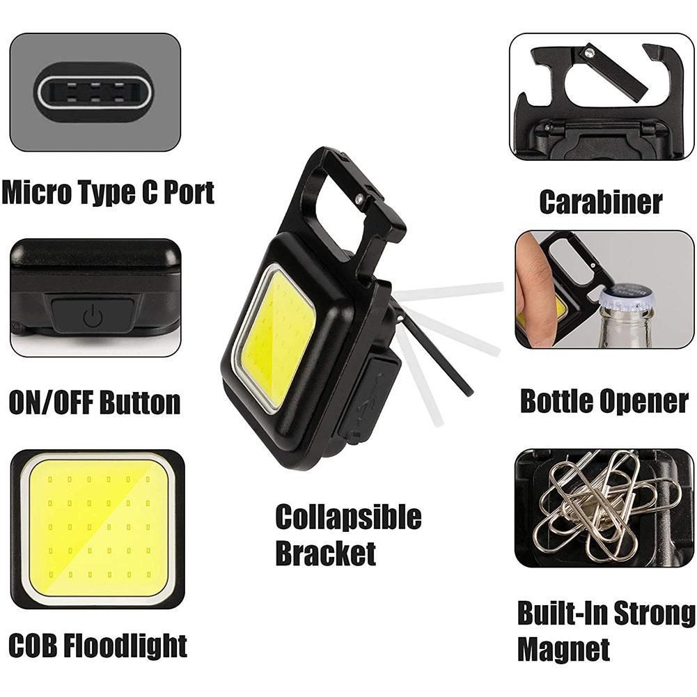Mini Luz LED Super Brilhante Pequena Lanterna Chaveiro Lâmpada Forte Luz Portátil de Manutenção de Emergência Abridor de Garrafas USB