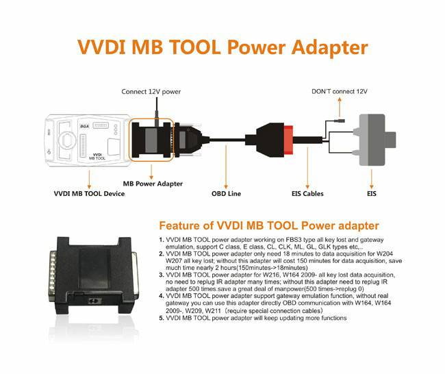 VVDI MB Ferramenta Adaptador de Poder trabalhar com VVVDI Mercedes para aquisição de dados