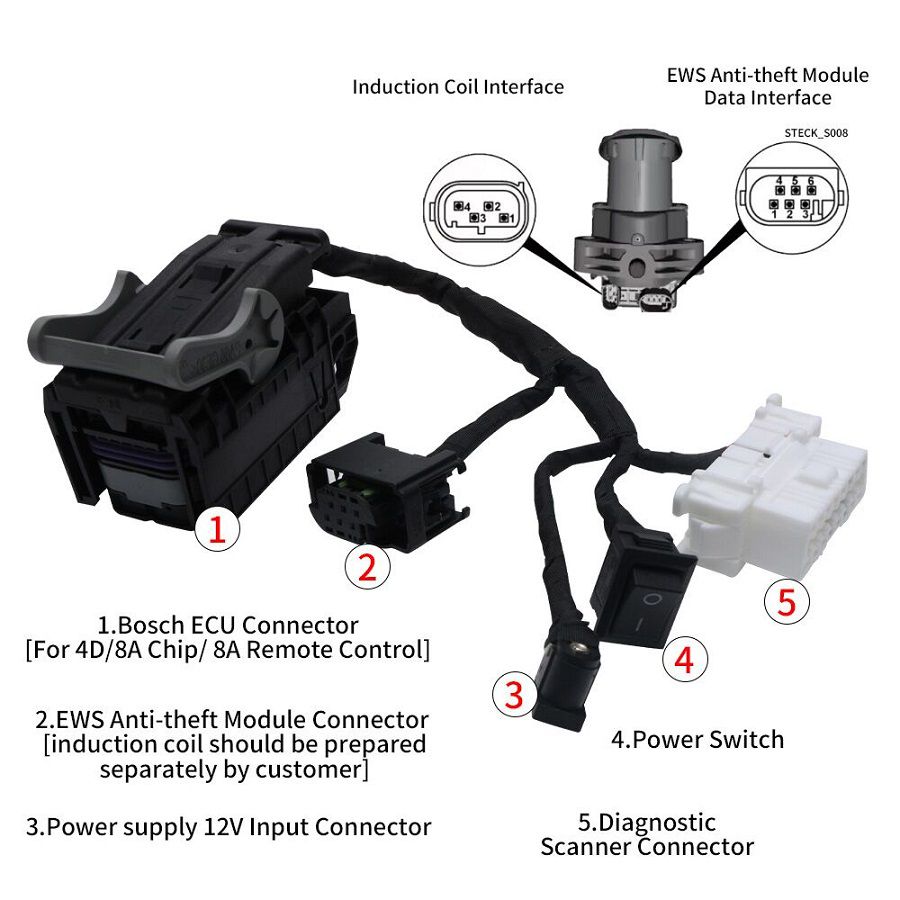 Cabo do adaptador de correspondência da chave 8A/4D do OEM K-008 para o cabo de ignição/programação da motocicleta BMW para todas as chaves