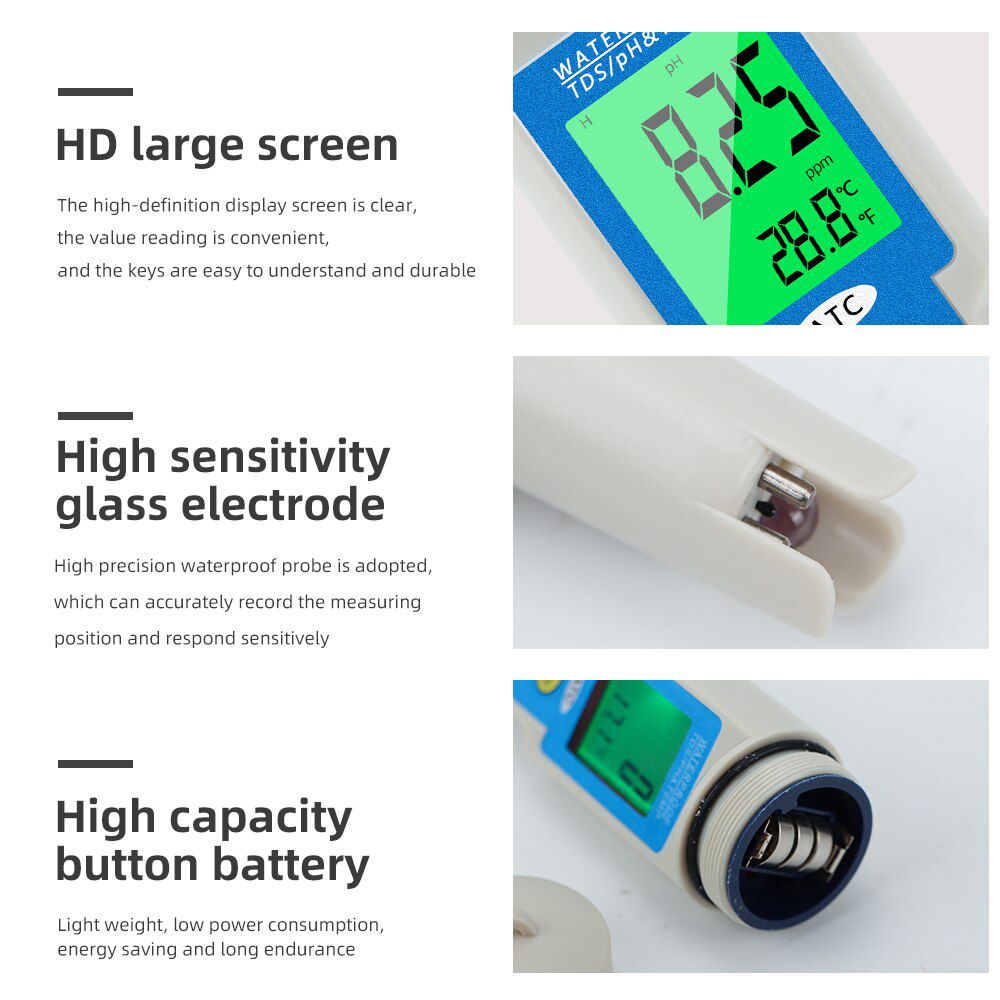 3 in 1 PH/TDS/Temperature Meter LCD Display 0.01 ATC Water Quality Acidometer for Drinking Water Aquariums PH Tester
