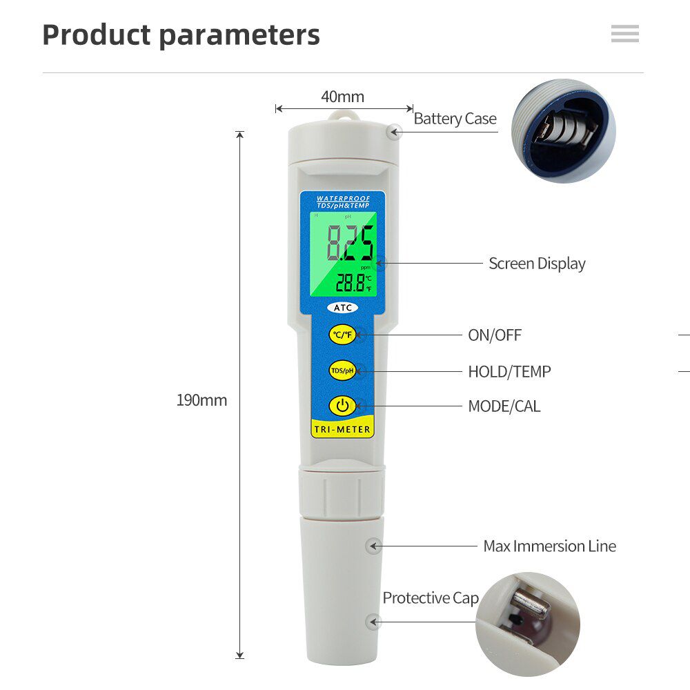 3 in 1 PH/TDS/Temperature Meter LCD Display 0.01 ATC Water Quality Acidometer for Drinking Water Aquariums PH Tester