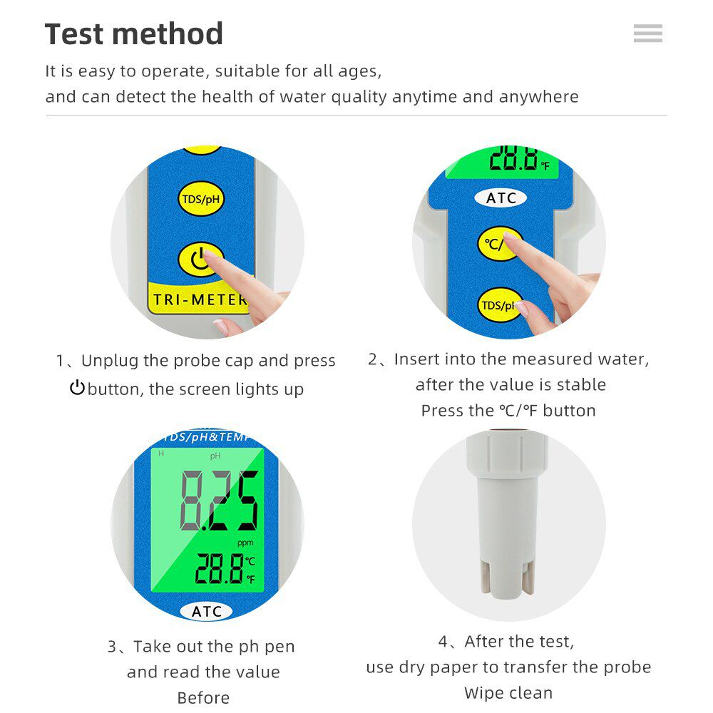 3 in 1 PH/TDS/Temperature Meter LCD Display 0.01 ATC Water Quality Acidometer for Drinking Water Aquariums PH Tester