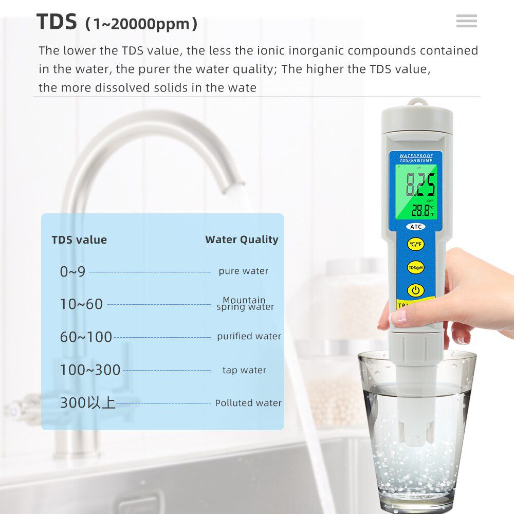 3 in 1 PH/TDS/Temperature Meter LCD Display 0.01 ATC Water Quality Acidometer for Drinking Water Aquariums PH Tester