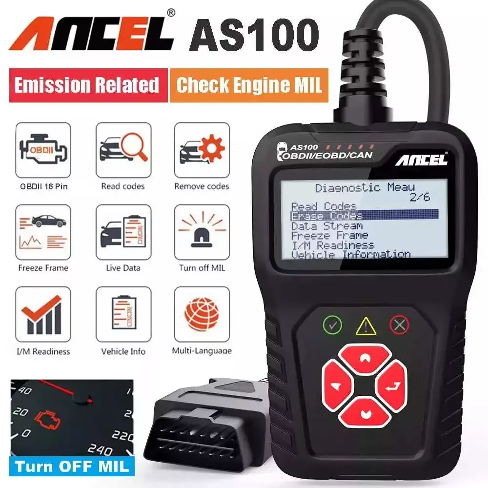 ANCEL AS100 OBD2 leitor de código do veículo do leitor de falha de luz do motor verifica a ferramenta de varredura diagnóstica completa EOBD/OBDII/CAN para BMW