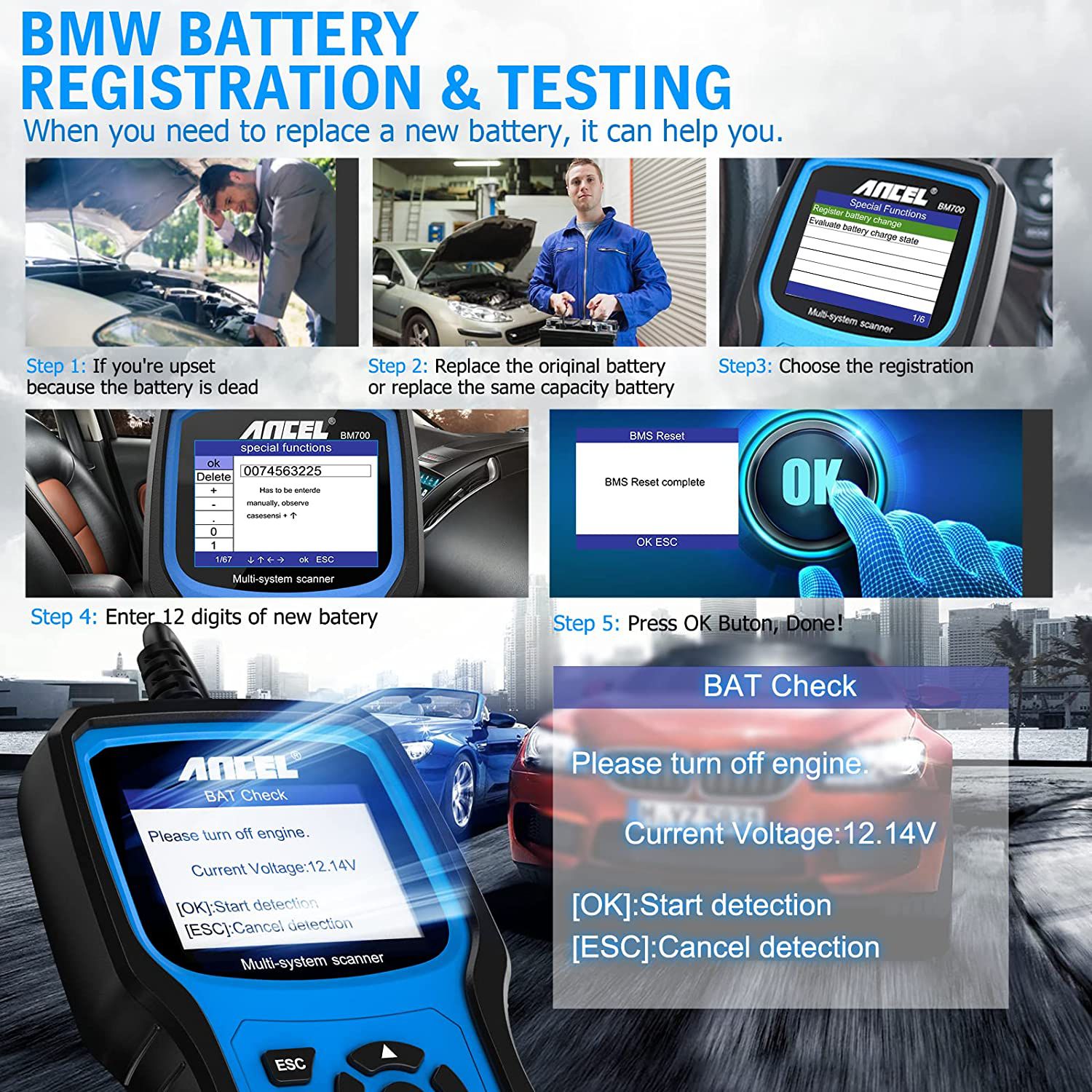 ANCEL BM700 Ferramenta diagnóstica completa do sistema OBD2 Scanner Injector Coding EPB SAS Airbag ABS Oil Reset Leitor de código automotivo para BMW
