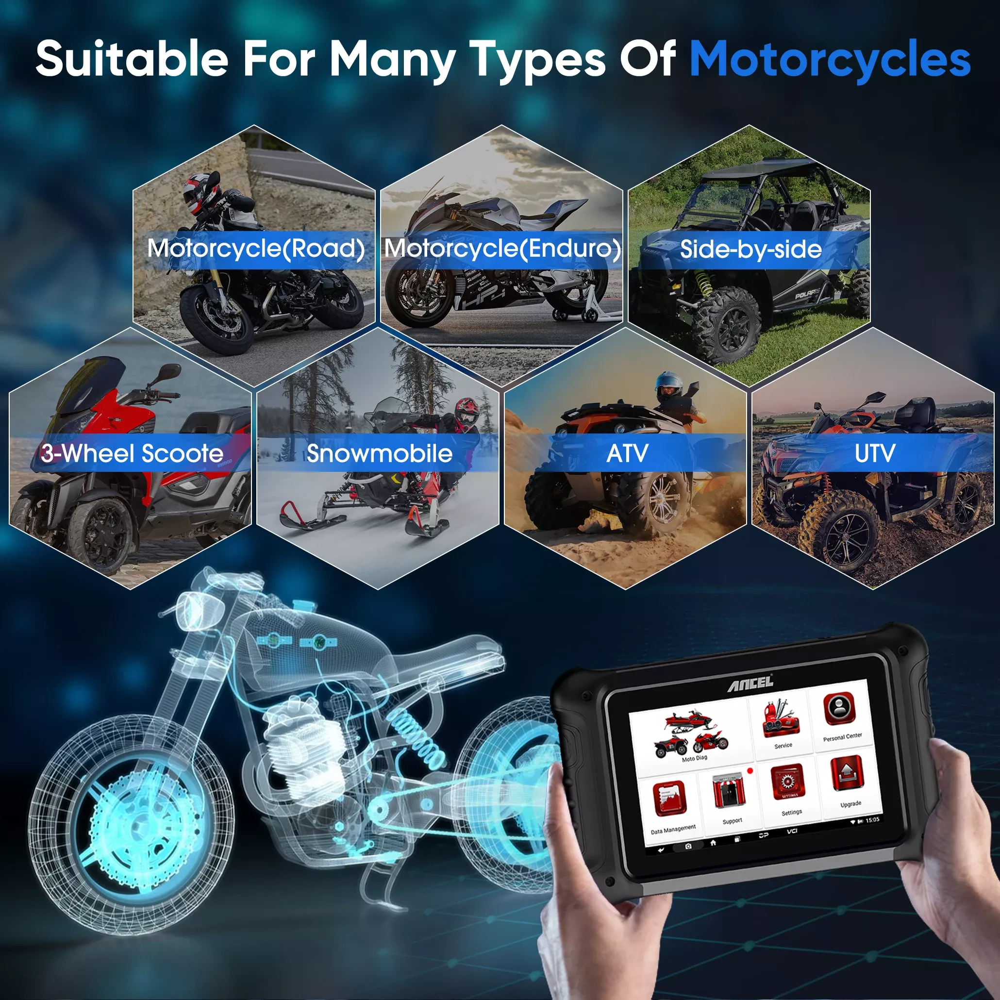 ANCEL MT700 OBD2 Scanner da motocicleta sistema completo do descanso do óleo ABS do sangramento do teste ativo da codificação do ECU da ferramenta de diagnóstico para a motocicleta