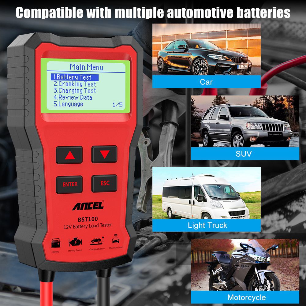ANCEL BST100 Car Battery Charger Tester Analyzer 12V 2000CCA Teste de Bateria de Tensão Car Charging Circut load Tester Ferramentas PK KW600