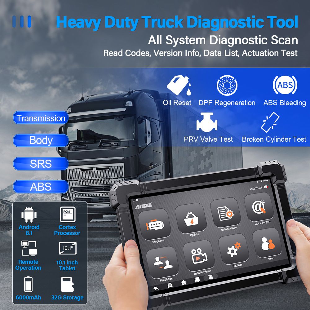 ANCEL X7 HD Heavy Duty Truck Diagnostic Tool Professional Full System 12V 24V Óleo DPF Regen ECU Reset OBD2 Truck Scanner