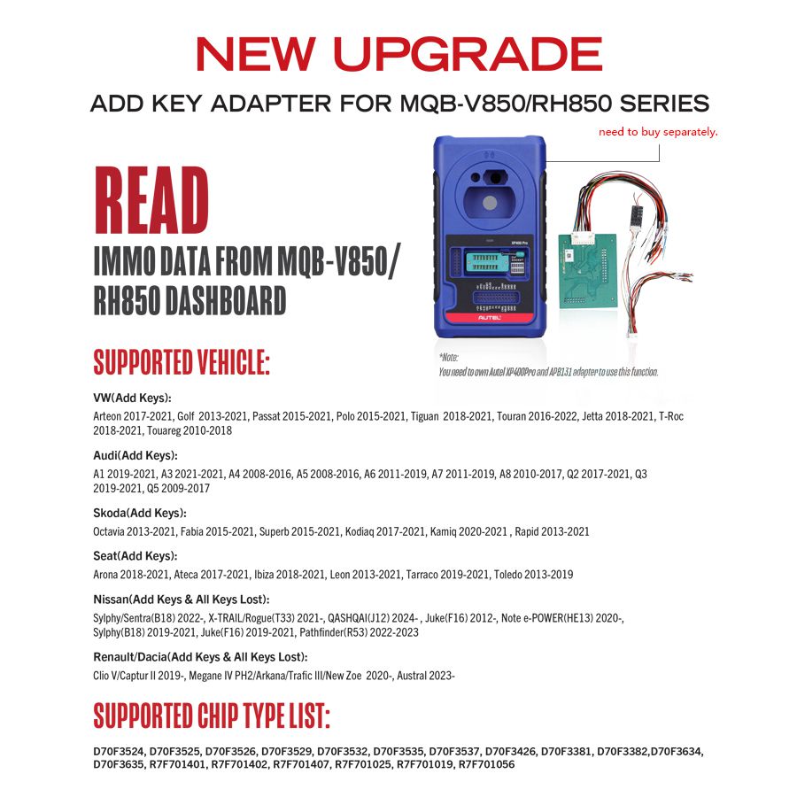 2024 Adaptador Autel APB131 Usado com Autel XP400 PRO Leia dados IMMO do painel MQB-V850 / RH850 para IM508 IM508S IM608 IM608 Pro