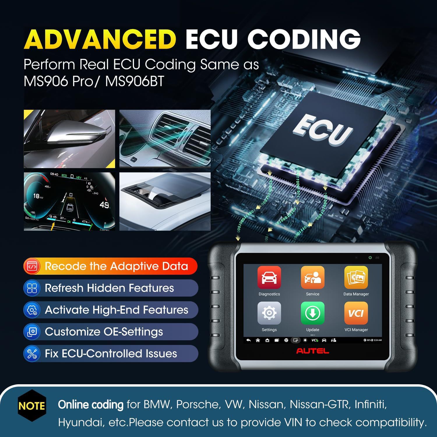 Autel MaxiPRO MP808BT Pro Kit com Adaptadores OBDII Suporte 3000 + Codificação de ECU de Suporte Bidirecional, 30 + Serviços 150 Marcas, FCA AutoAuth