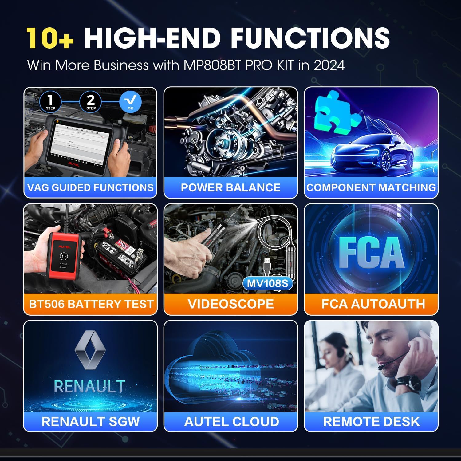 Autel MaxiPRO MP808BT Pro Kit com Adaptadores OBDII Suporte 3000 + Codificação de ECU de Suporte Bidirecional, 30 + Serviços 150 Marcas, FCA AutoAuth