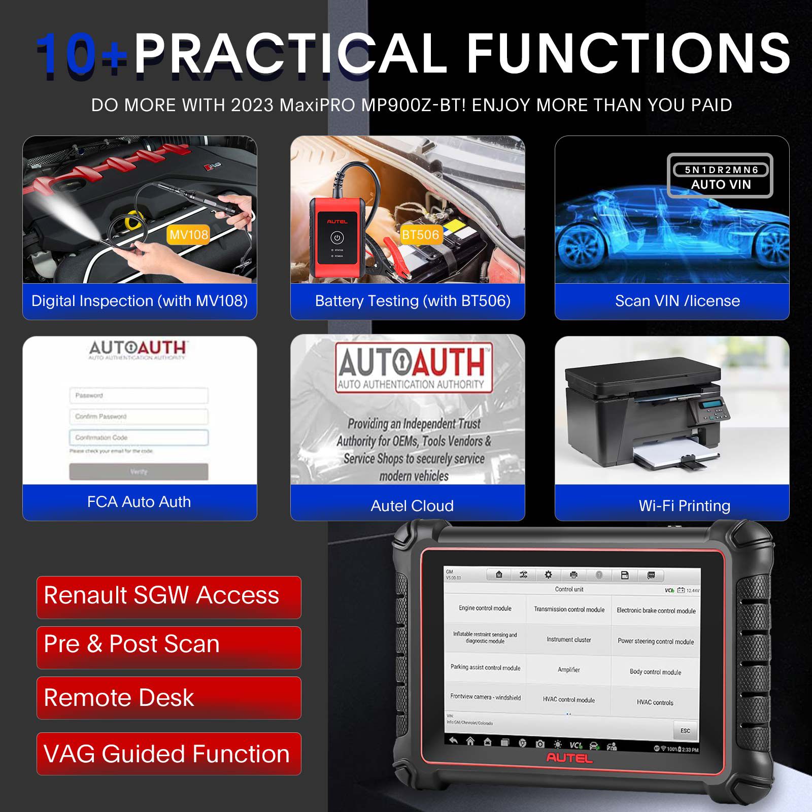 O scanner de diagnóstico Autel MaxiPro MP900Z-BT (MP900-BT) suporta a codificação da ECU, a digitalização pré e pós, os protocolos DoIP CAN FD, a versão atualizada do MP808BT PRO