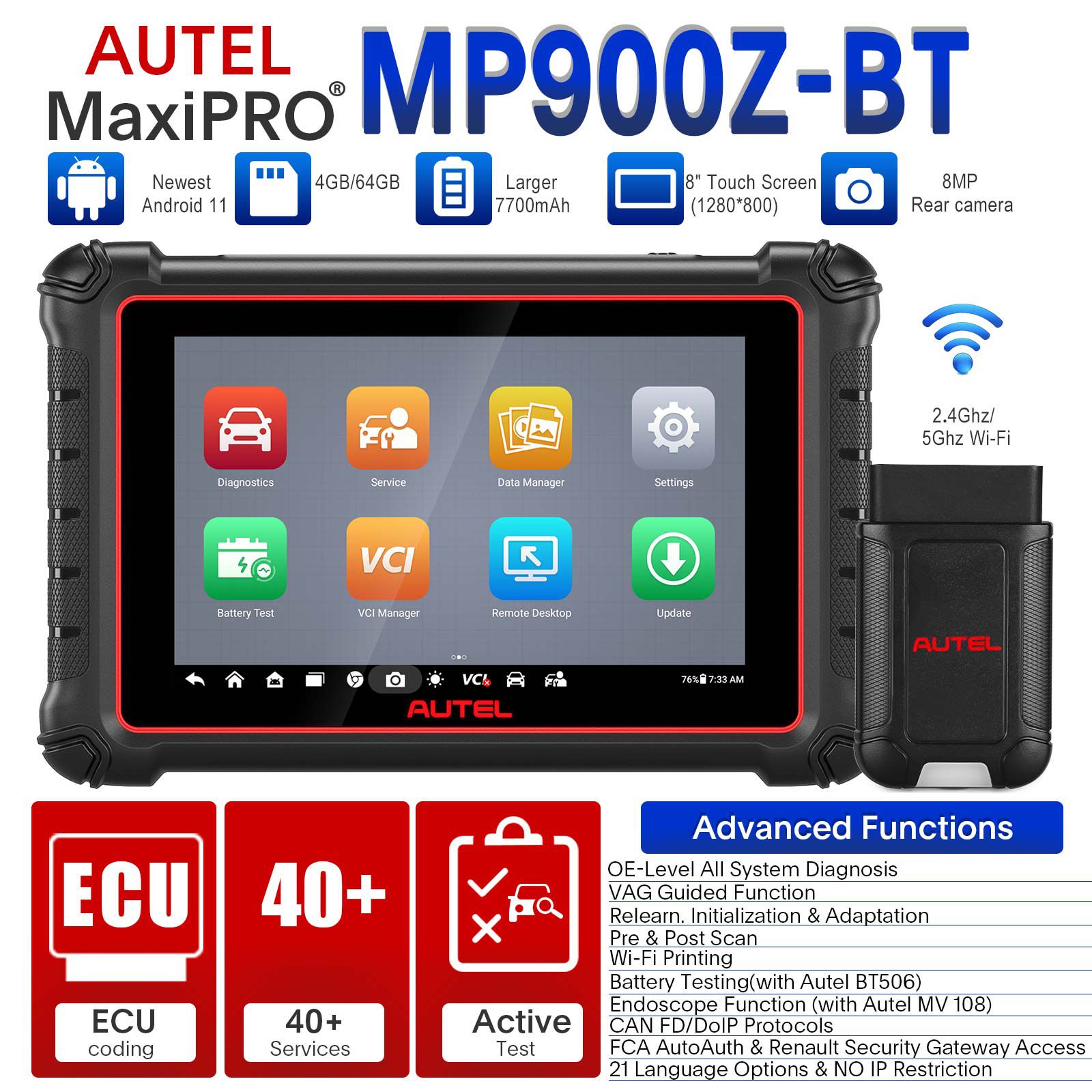 O scanner de diagnóstico Autel MaxiPro MP900Z-BT (MP900-BT) suporta a codificação da ECU, a digitalização pré e pós, os protocolos DoIP CAN FD, a versão atualizada do MP808BT PRO