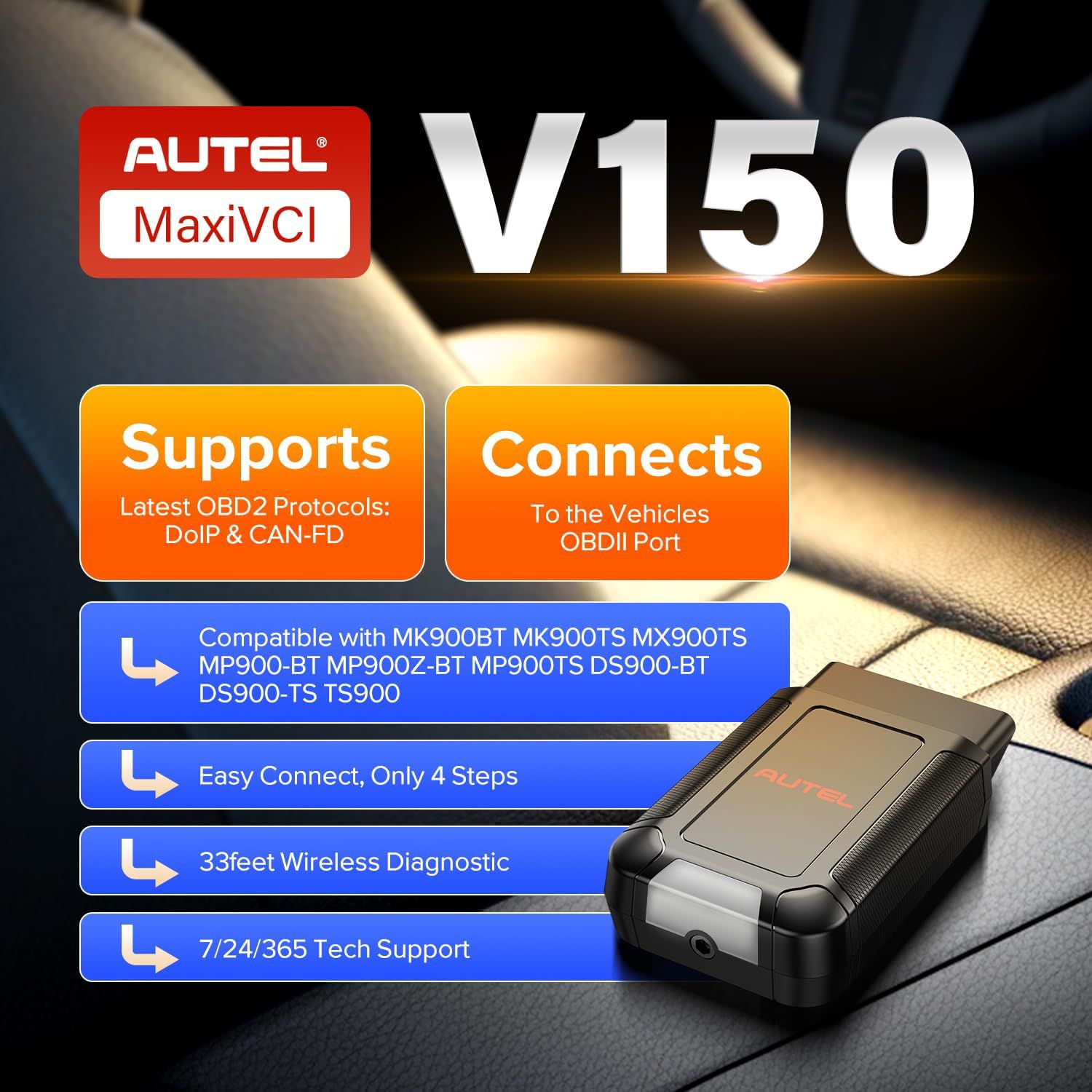 2025 Autel MaxiVCI V150 VCI150 Dongle sem fio, trabalho de protocolo CAN FD / DOIP de suporte para Autel 900 Series Scanners MK900BT MP900BT MP900Z-BT MP900TS