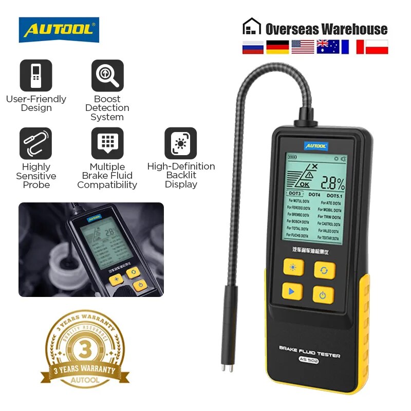 Testador de fluido de freio AUTOOL AS502 Testador de óleo de freio automóvel compatível para DOT3/DOT4/DOT5.1/ENV4/ENV6 ATE/TRW/BOSCH/MOBIL