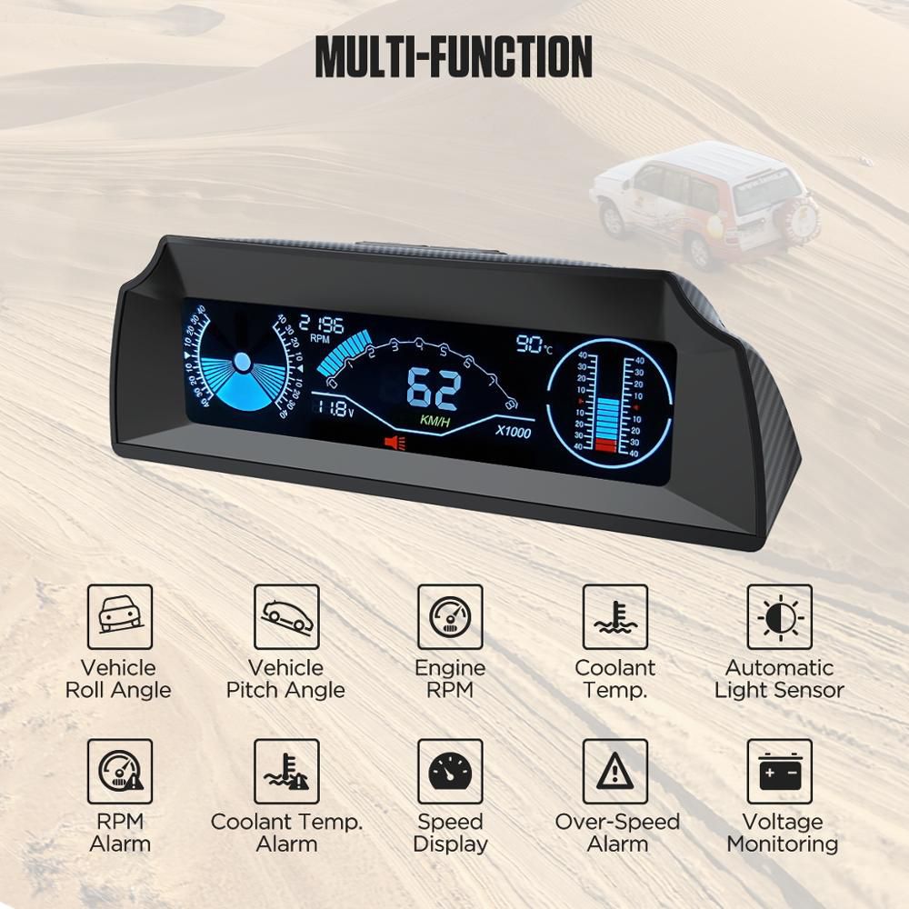 AUTOOL X90 GPS/OBD2 Velocidade PMH KMH Slope Meter Inclinômetro Carro Bússola HUD Pitch Tilt Angle Protractor Relógio Latitude Longitude