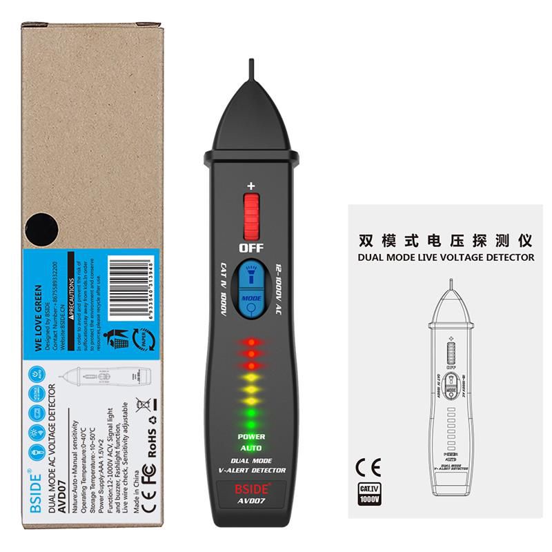Indicador do detector de tensão sem contato BSIDE AVD07 Smart Electric Pen Tester Live/Neutral distinção de fio Verificação de continuidade NCV
