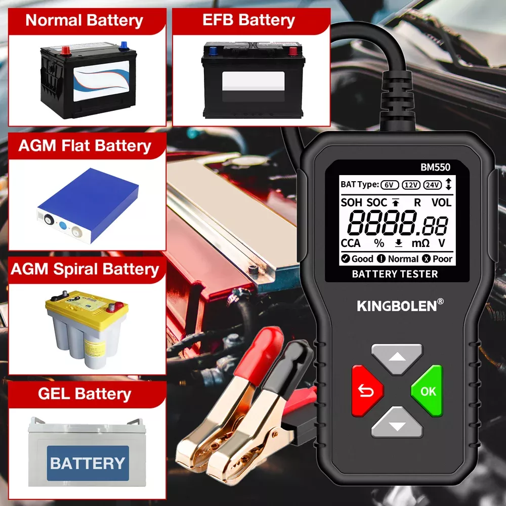 BM550 BM550 PLUS Testador de bateria do carro Sistema de bateria 6V 12V 24V Detectar Analisador automático de bateria Ferramenta de bateria do carro SOC SOH