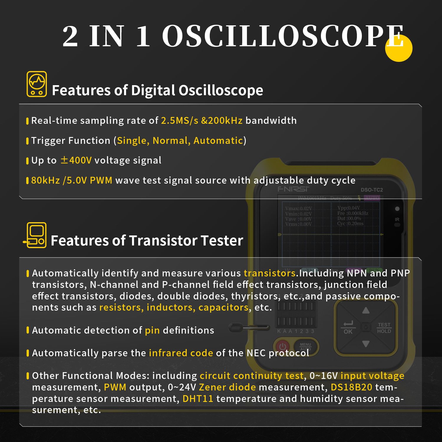 FNIRSI DSO-TC2 Portátil Digital Osciloscópio Transistor Tester 2-em-1 Multi-função Multímetro Diodo Tensão LCR Detectar PWM Out