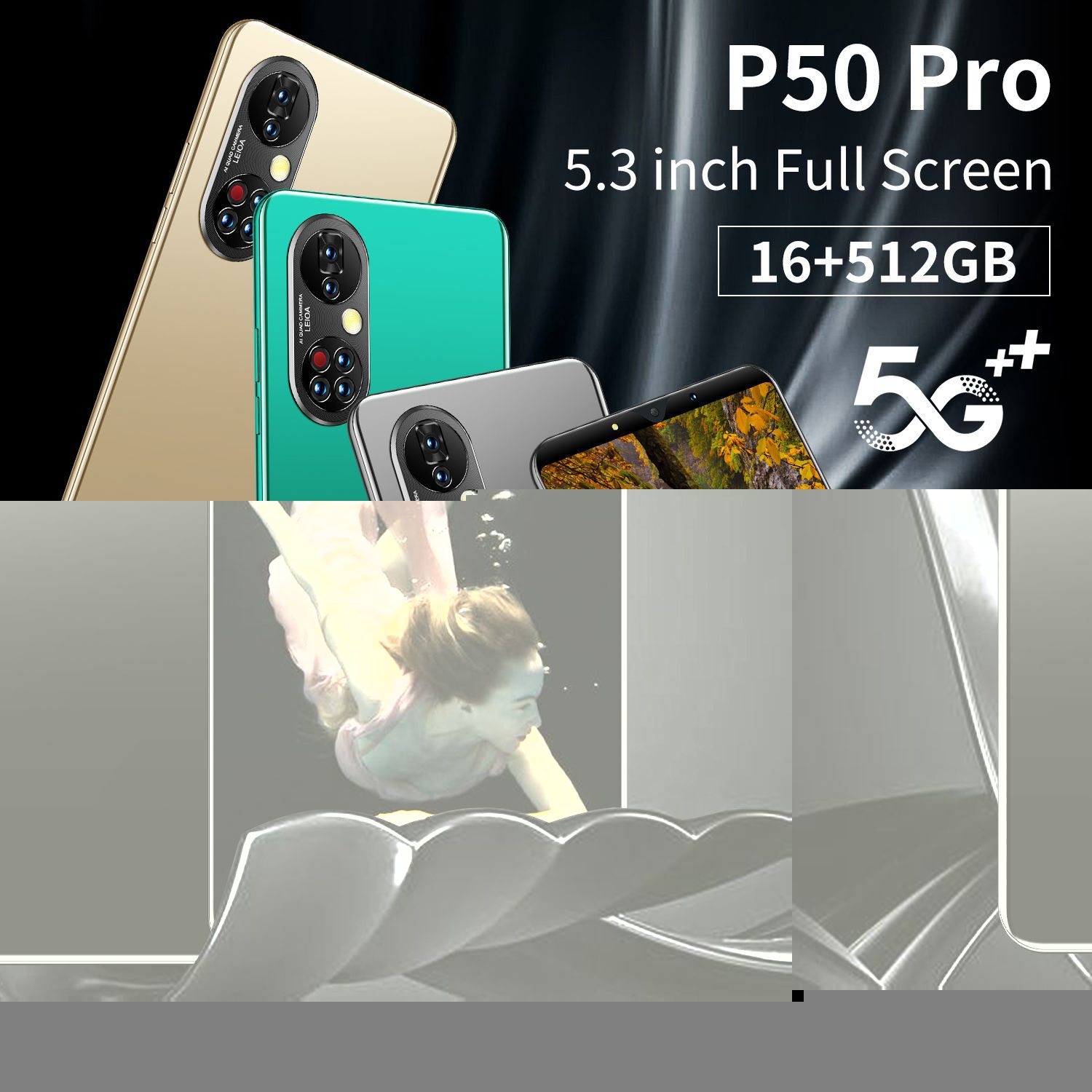 Versão global P50 Pro 5.3 polegadas Smartphone 12G + 512G Android Phone 4950mAh Desbloqueio de rosto Mobilephone Suporta Google GPS 5G Telefone