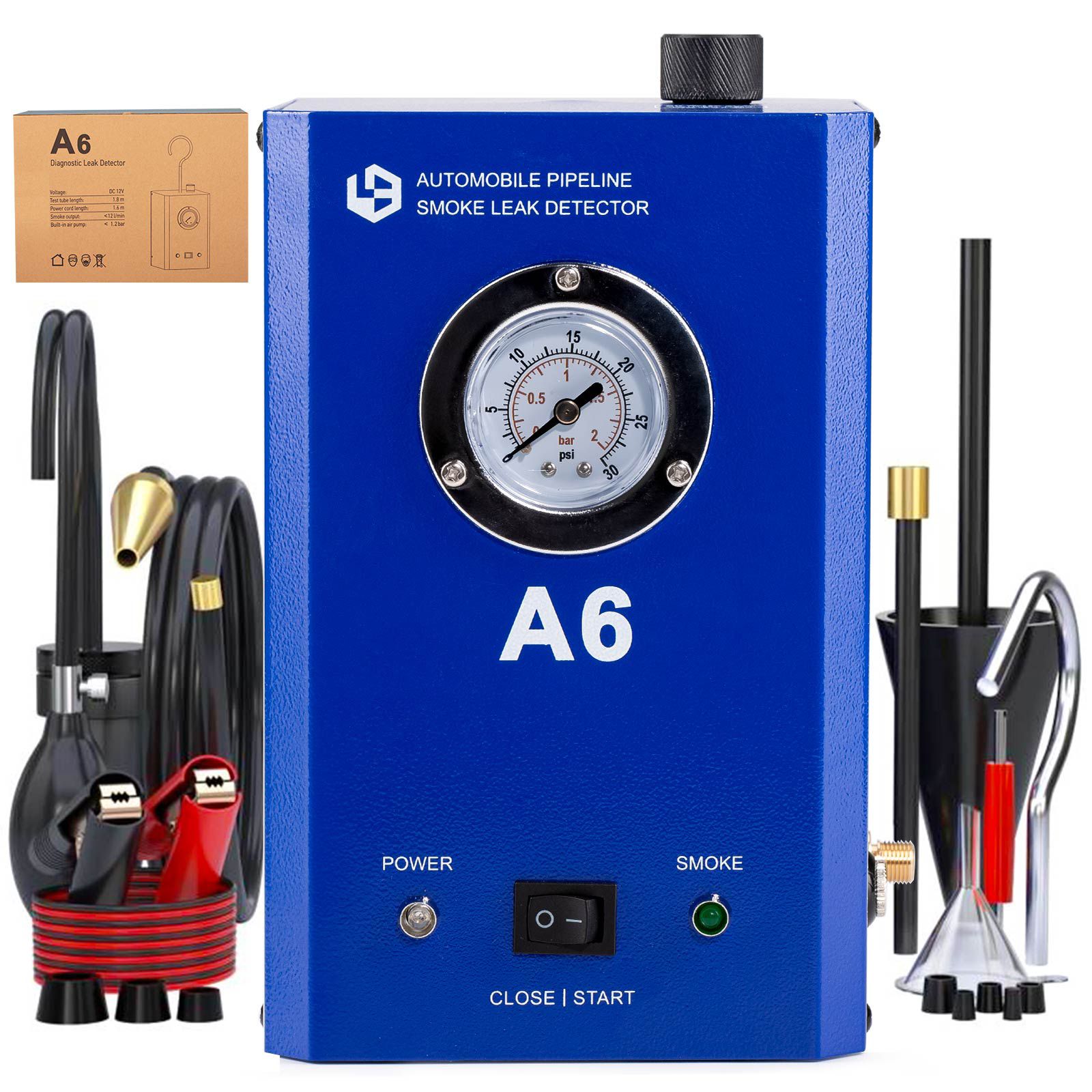 Detector de vazamento de fumaça de tubulação automóvel GODIAG A6 com vazamento de teste de medidor de pressão em sistemas de tubulação de veículos para carros, motocicletas, motos de neve, ATV, barcos