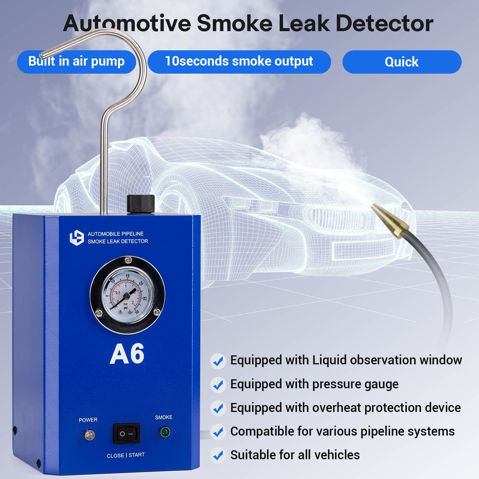 Detector de vazamento de fumaça de tubulação automóvel GODIAG A6 com vazamento de teste de medidor de pressão em sistemas de tubulação de veículos para carros, motocicletas, motos de neve, ATV, barcos
