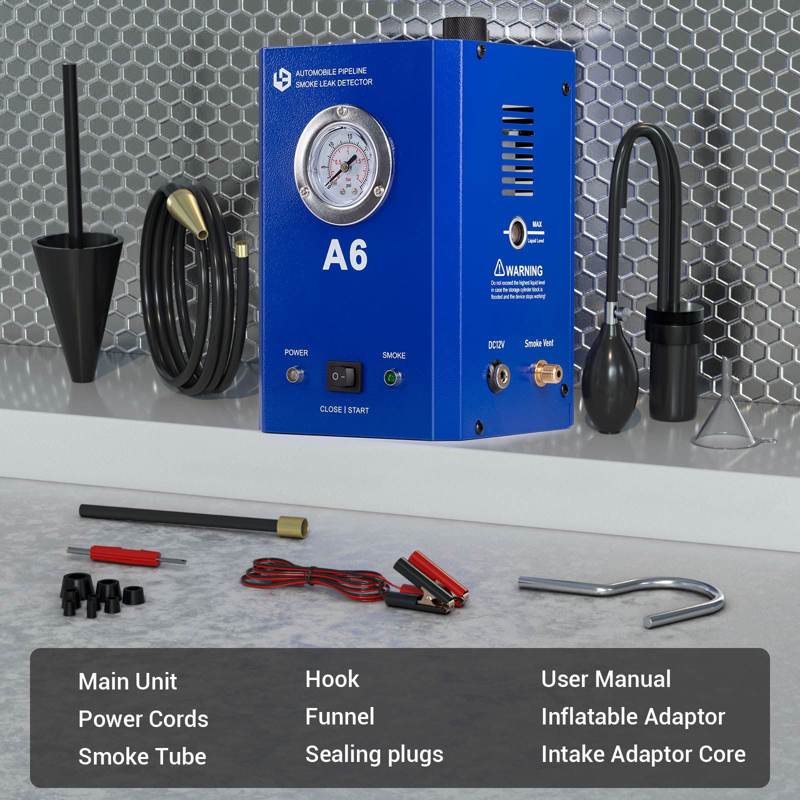 Detector de vazamento de fumaça de tubulação automóvel GODIAG A6 com vazamento de teste de medidor de pressão em sistemas de tubulação de veículos para carros, motocicletas, motos de neve, ATV, barcos