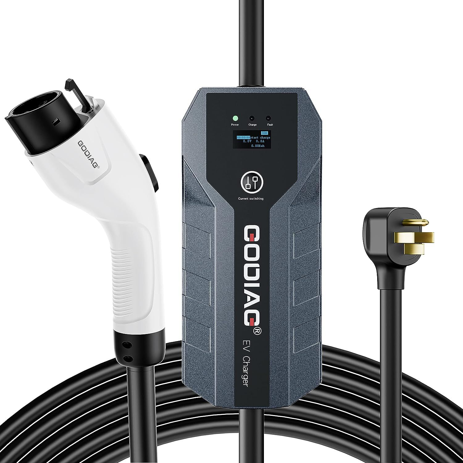 GODIAG EV Charger Nível 2 (32Amp, 220V-240V, NEMA 14-50 Plug, Cabo de 21ft) 10/16/24/32A Ajustável para veículos elétricos domésticos J1772, PHEVs, veículos elétricos de motocicleta