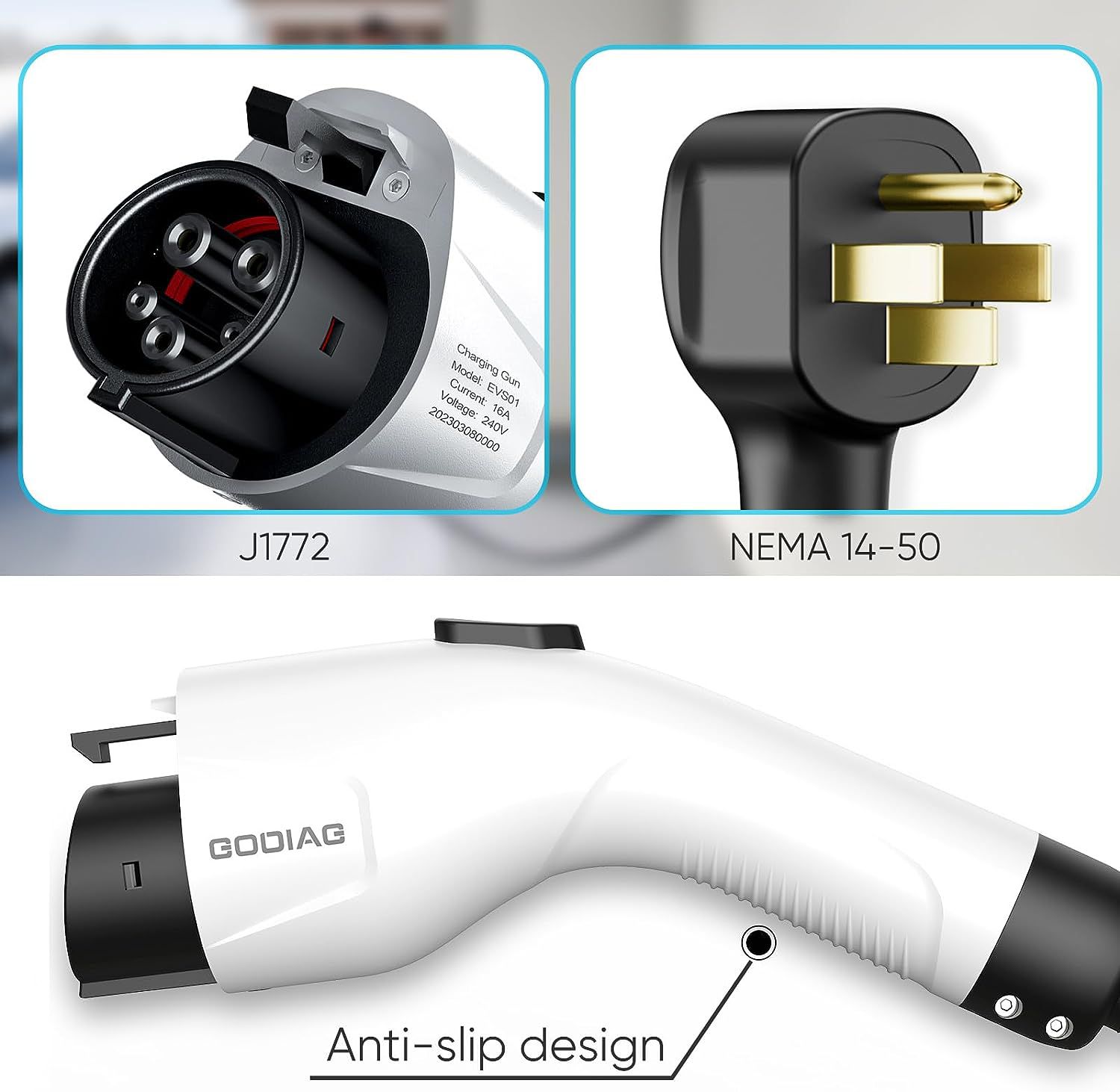 GODIAG EV Charger Nível 2 (32Amp, 220V-240V, NEMA 14-50 Plug, Cabo de 21ft) 10/16/24/32A Ajustável para veículos elétricos domésticos J1772, PHEVs, veículos elétricos de motocicleta