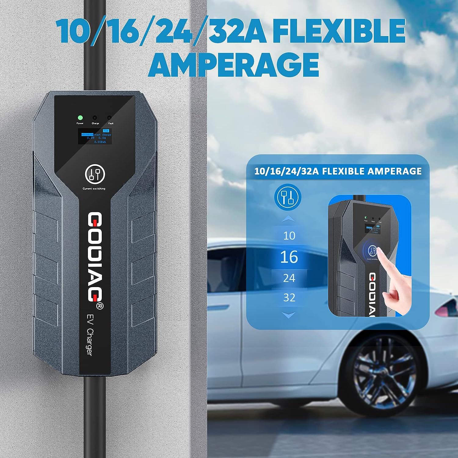GODIAG EV Charger Nível 2 (32Amp, 220V-240V, NEMA 14-50 Plug, Cabo de 21ft) 10/16/24/32A Ajustável para veículos elétricos domésticos J1772, PHEVs, veículos elétricos de motocicleta