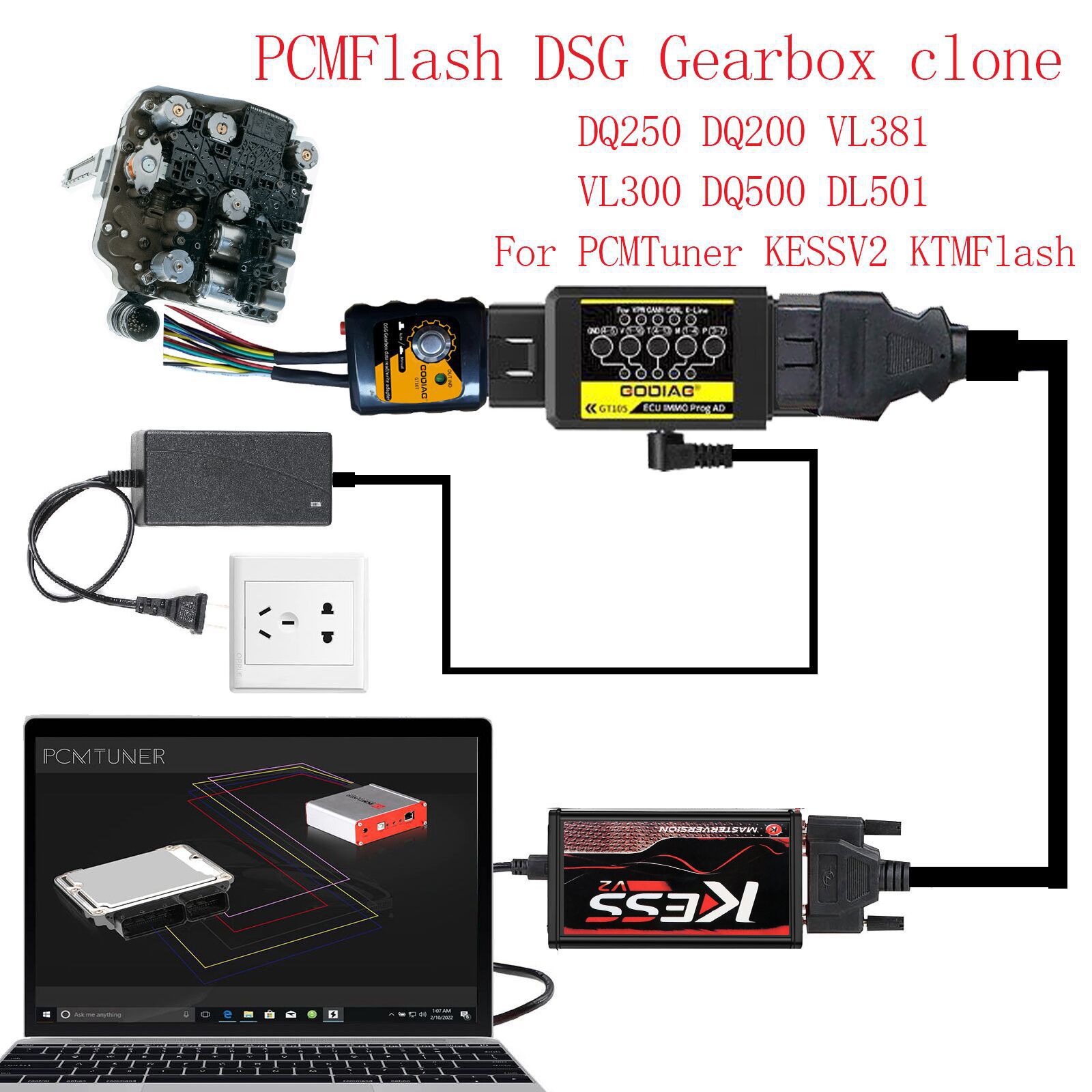2022 Mais novo GODIAG GT105 ECU IMMO Kit Plus GT107 DSG Gearbox Data Read / Write Adaptador para DQ250, DQ200, VL381, VL300, DQ500, DL501