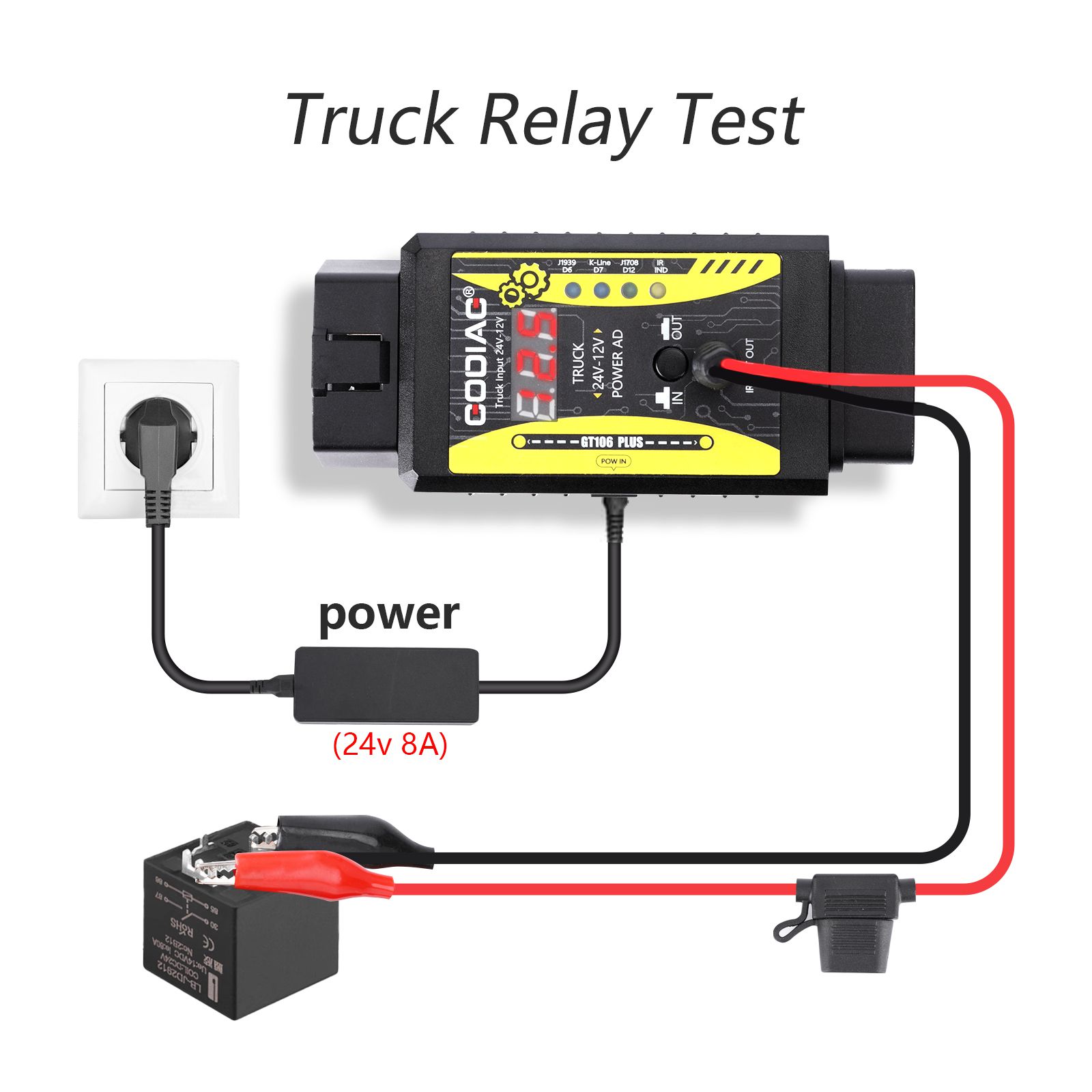 2025 GODIAG GT106 PLUS 24V a 12V Heavy Duty Truck Adaptor recém-adicionado injetor de combustível limpeza e teste teste de relé para carros e caminhões