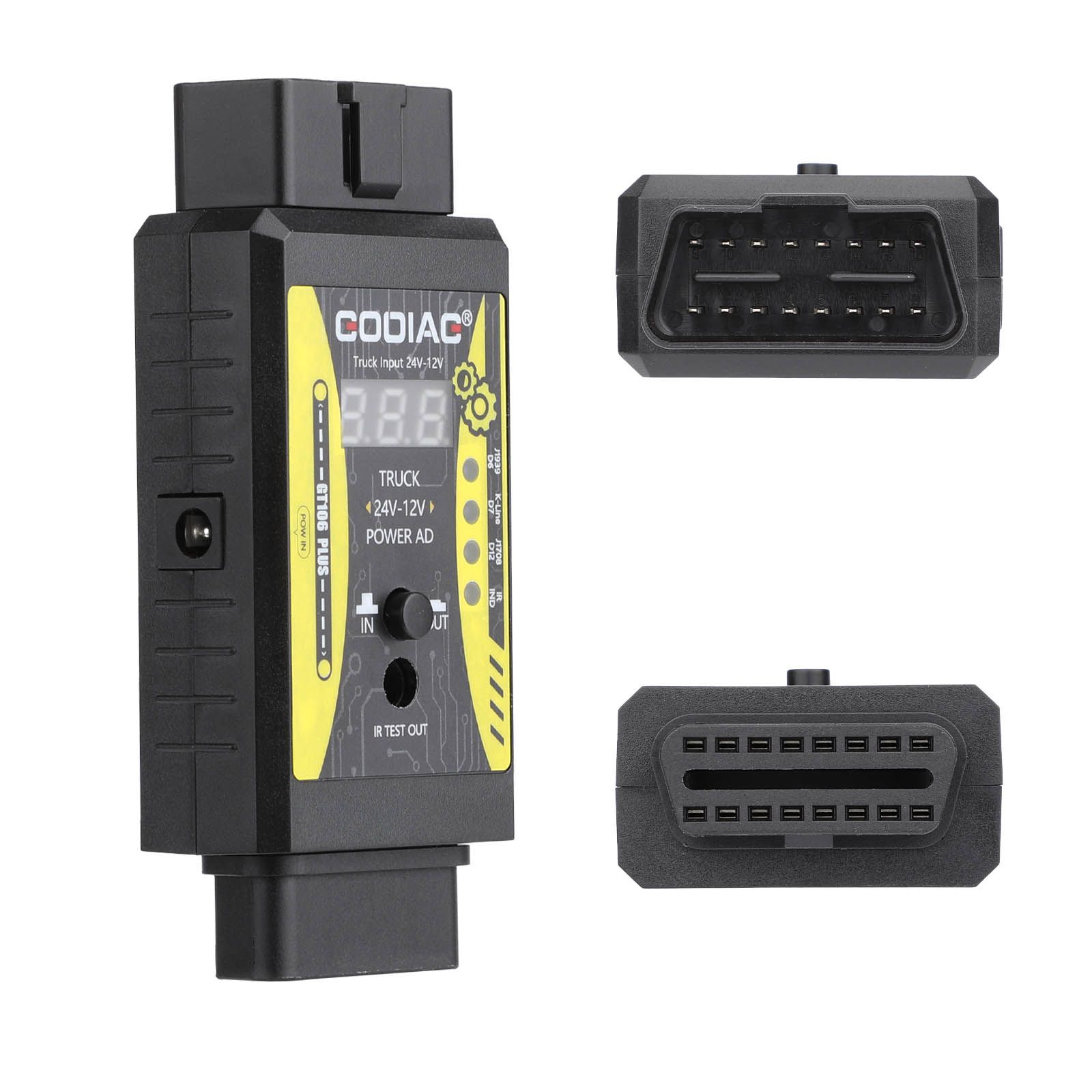 2025 GODIAG GT106 PLUS 24V a 12V Heavy Duty Truck Adaptor recém-adicionado injetor de combustível limpeza e teste teste de relé para carros e caminhões