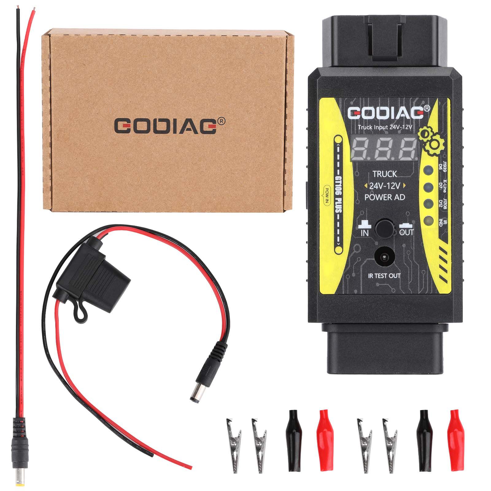 2025 GODIAG GT106 PLUS 24V a 12V Heavy Duty Truck Adaptor recém-adicionado injetor de combustível limpeza e teste teste de relé para carros e caminhões