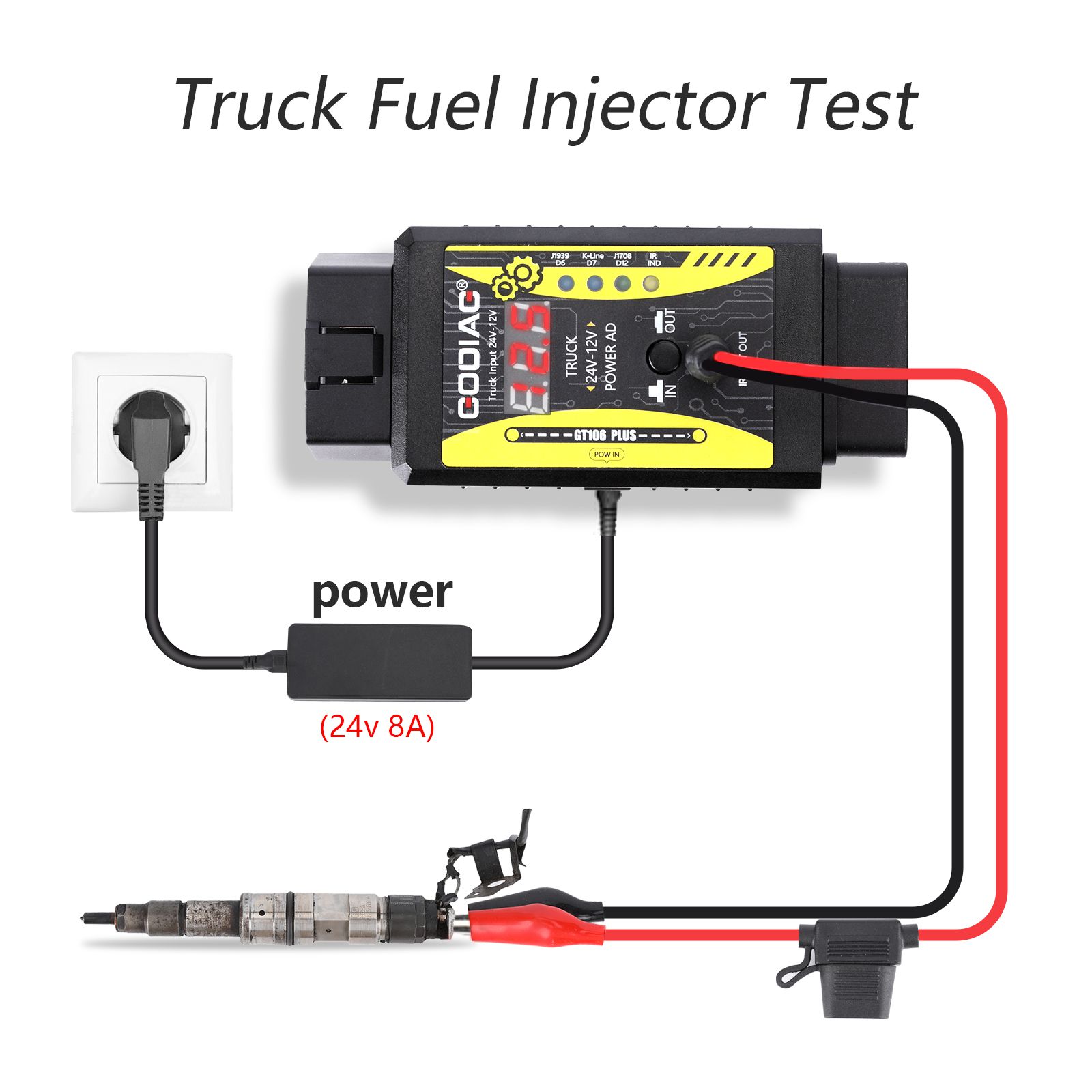 2025 GODIAG GT106 PLUS 24V a 12V Heavy Duty Truck Adaptor recém-adicionado injetor de combustível limpeza e teste teste de relé para carros e caminhões