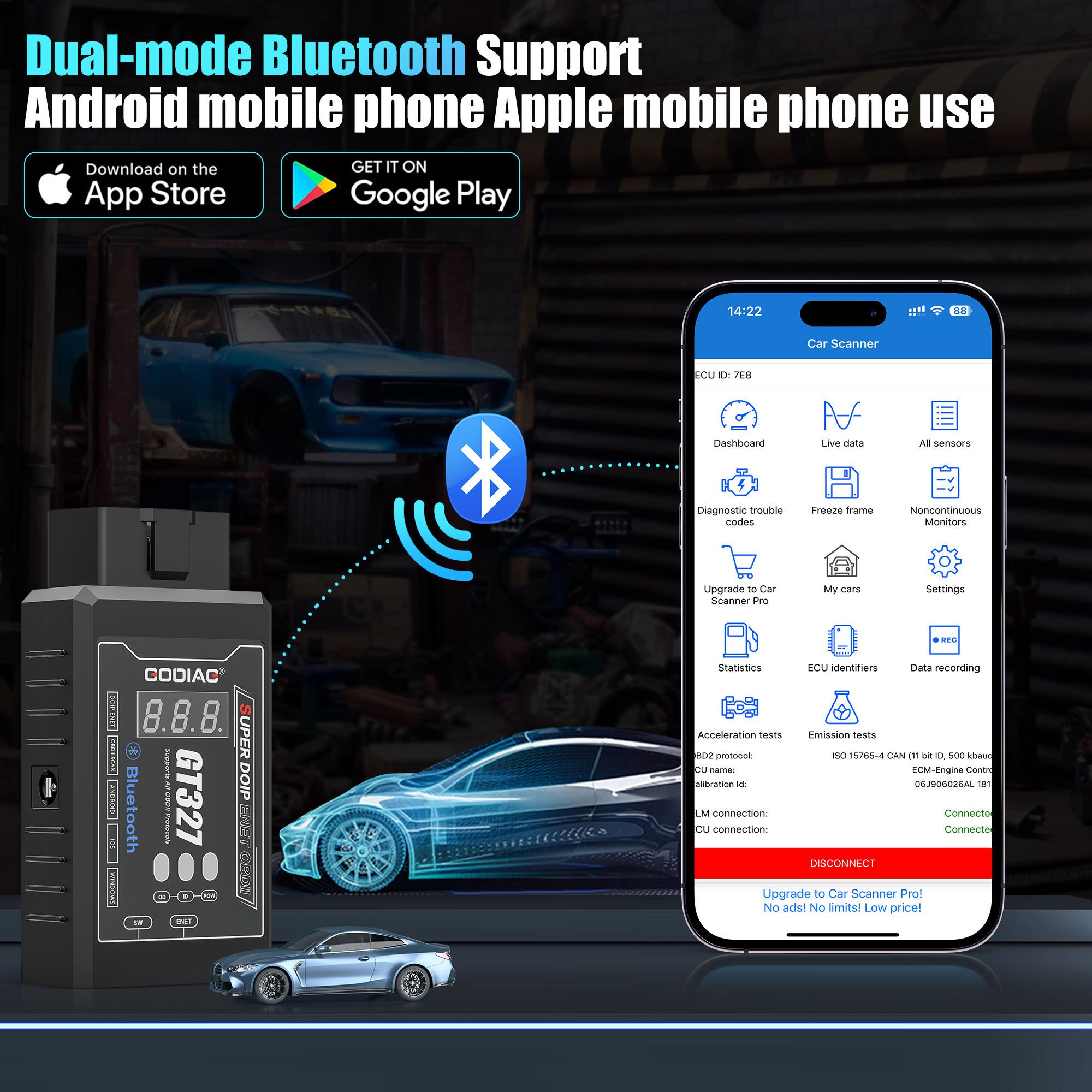 GODIAG GT327 SUPER DOIP ENET ELM327v1.5 Bluetooth 4.0 Scanner OBDII com exibição de tensão para iOS/Android/Windows