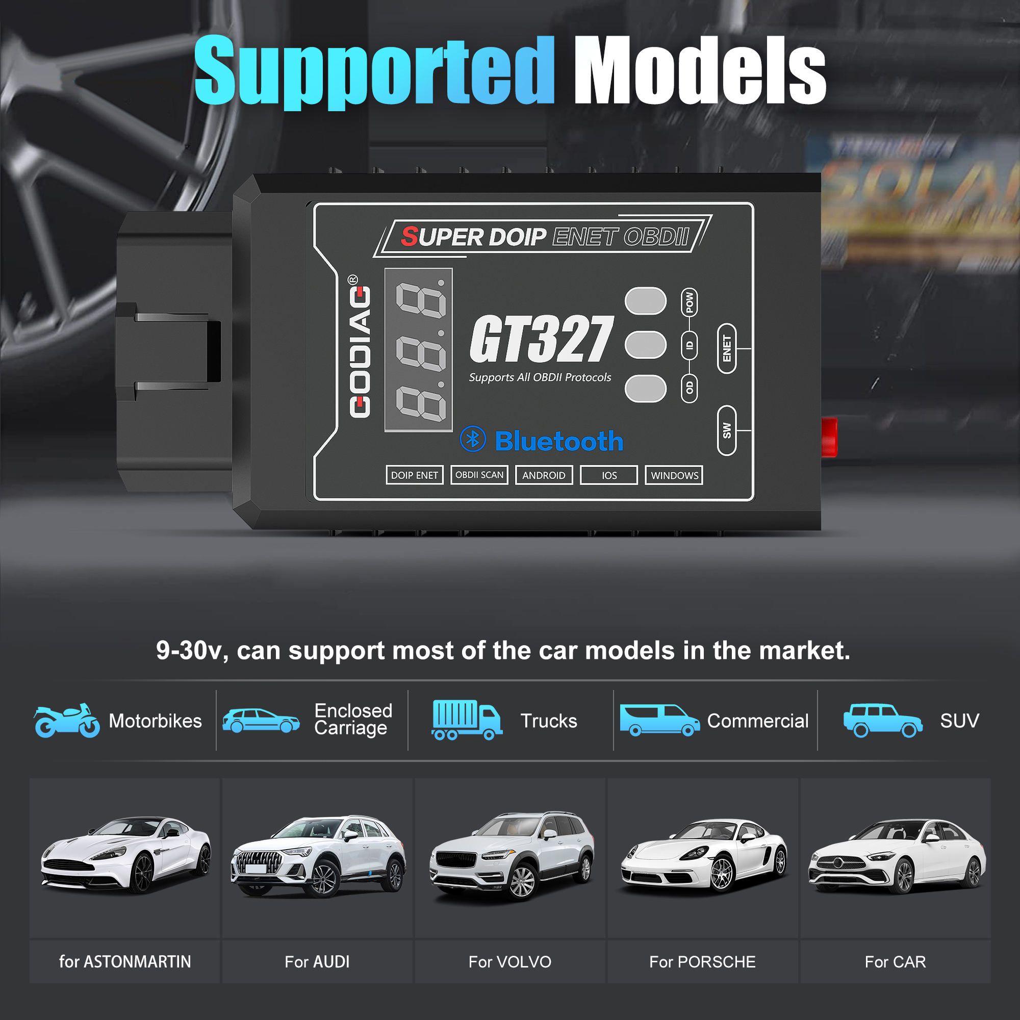 GODIAG GT327 SUPER DOIP ENET ELM327v1.5 Bluetooth 4.0 Scanner OBDII com exibição de tensão para iOS/Android/Windows