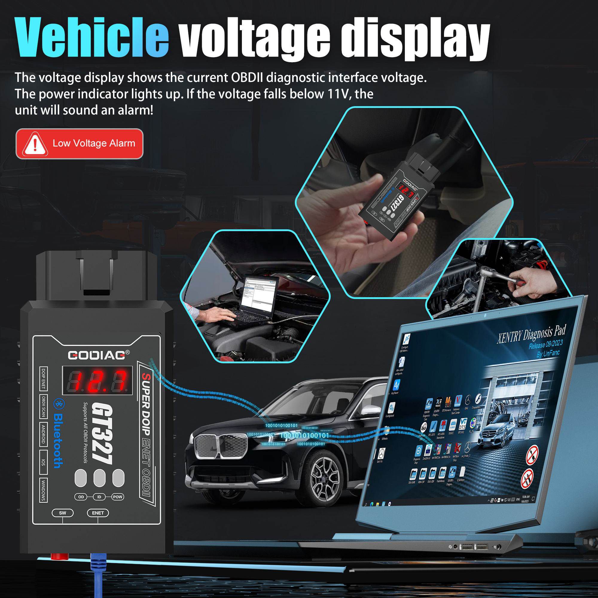 GODIAG GT327 SUPER DOIP ENET ELM327v1.5 Bluetooth 4.0 Scanner OBDII com exibição de tensão para iOS/Android/Windows