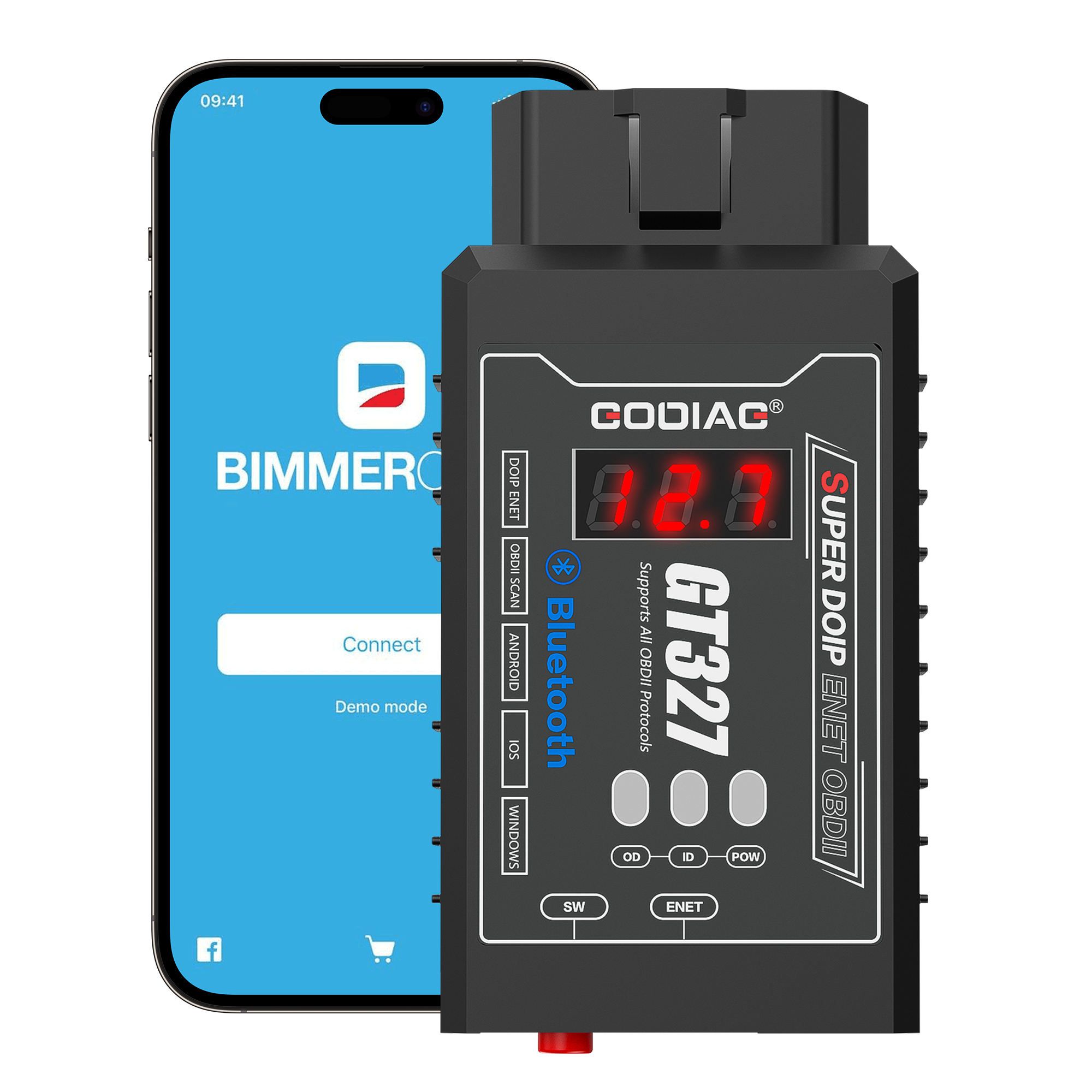 GODIAG GT327 SUPER DOIP ENET ELM327v1.5 Bluetooth 4.0 Scanner OBDII com exibição de tensão para iOS/Android/Windows