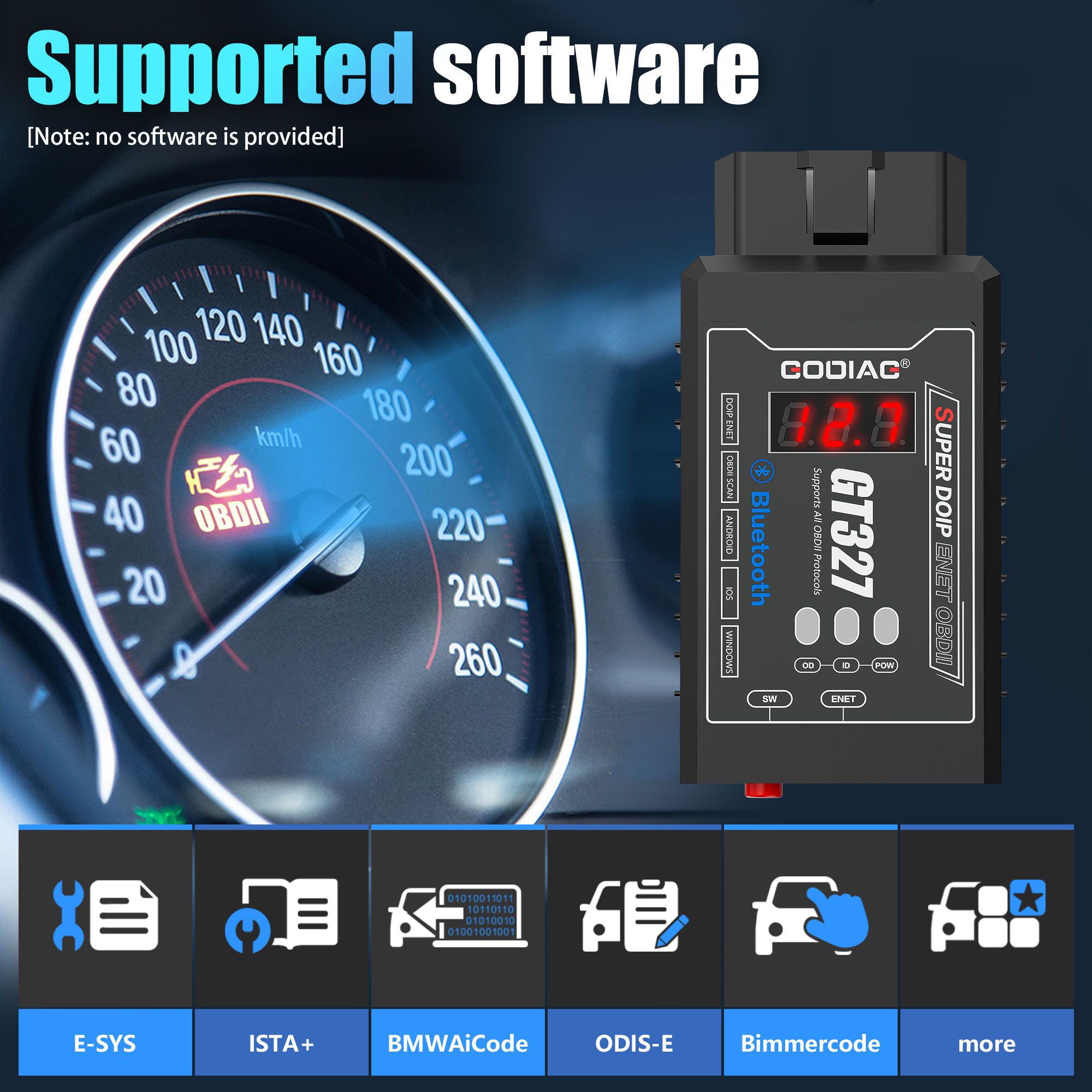 GODIAG GT327 SUPER DOIP ENET ELM327v1.5 Bluetooth 4.0 Scanner OBDII com exibição de tensão para iOS/Android/Windows