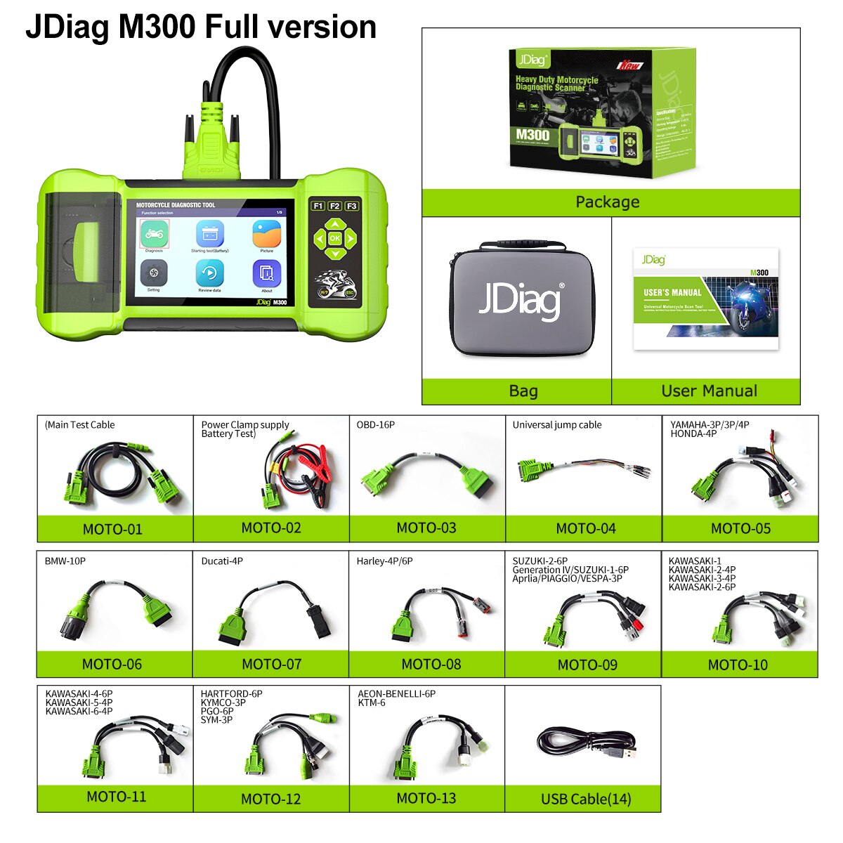JDiag M300 Diagnóstico OBD2 Scanner Moto Ferramenta Diagnóstico Motor ABS Código de Falha Limpo Para BMW Ducati Harley Honda Yamaha