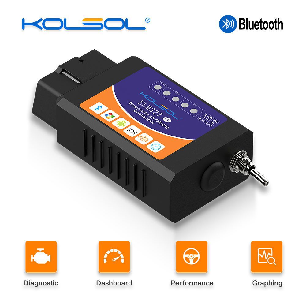 KOLSOL ELM327 Bluetooth OBD2 Scanner V1.5 ELM327 com interruptor modificado para Ford CH340 + 25K80 chip HS-CAN / MS-CAN