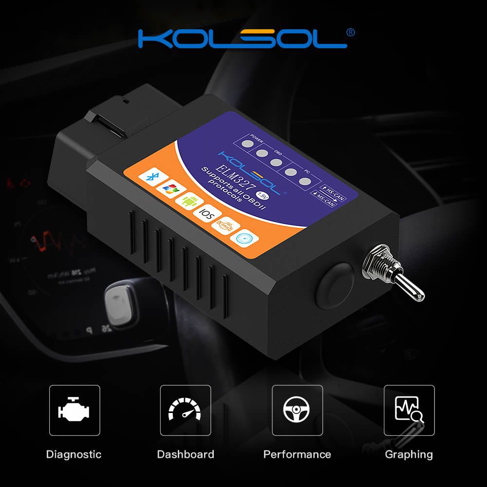 KOLSOL ELM327 Bluetooth OBD2 Scanner V1.5 ELM327 com interruptor modificado para Ford CH340 + 25K80 chip HS-CAN / MS-CAN