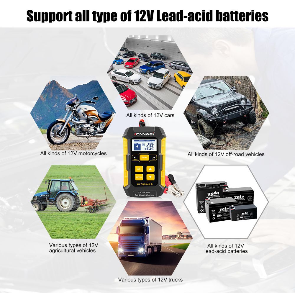KONNWEI KW510 Full Automatic 12V Car Battery Tester Pulse Repair 5A Carregadores de Bateria Wet Dry AGM Gel Lead Acid Car Repair Tool