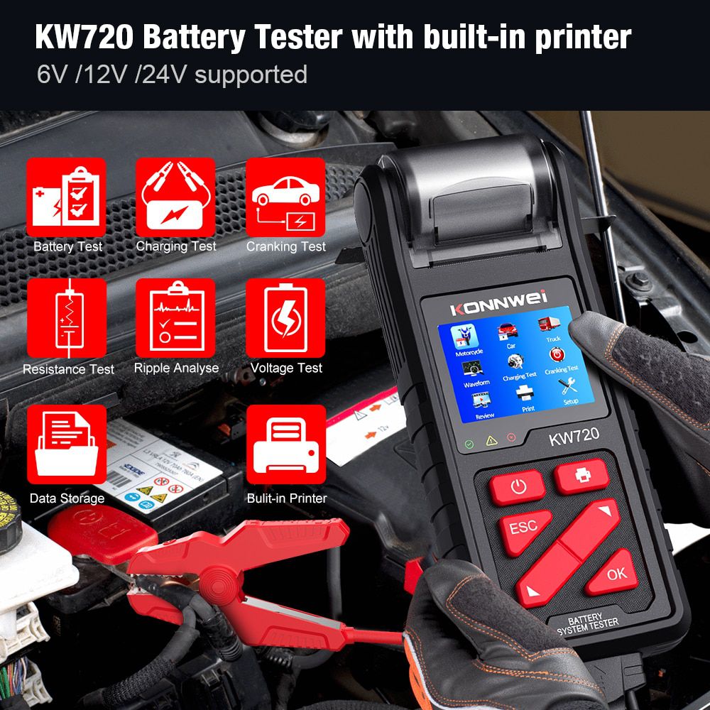 KONNWEI KW720 6V/12V/24V Testador da bateria do caminhão do carro da motocicleta com built-in analisador da bateria da impressora que carrega ferramentas de teste de cranking