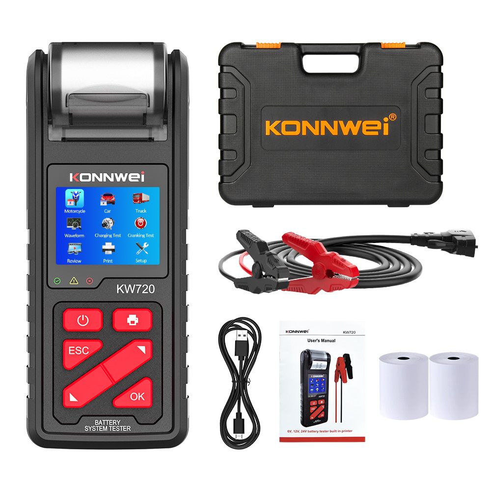 KONNWEI KW720 6V/12V/24V Testador da bateria do caminhão do carro da motocicleta com built-in analisador da bateria da impressora que carrega ferramentas de teste de cranking
