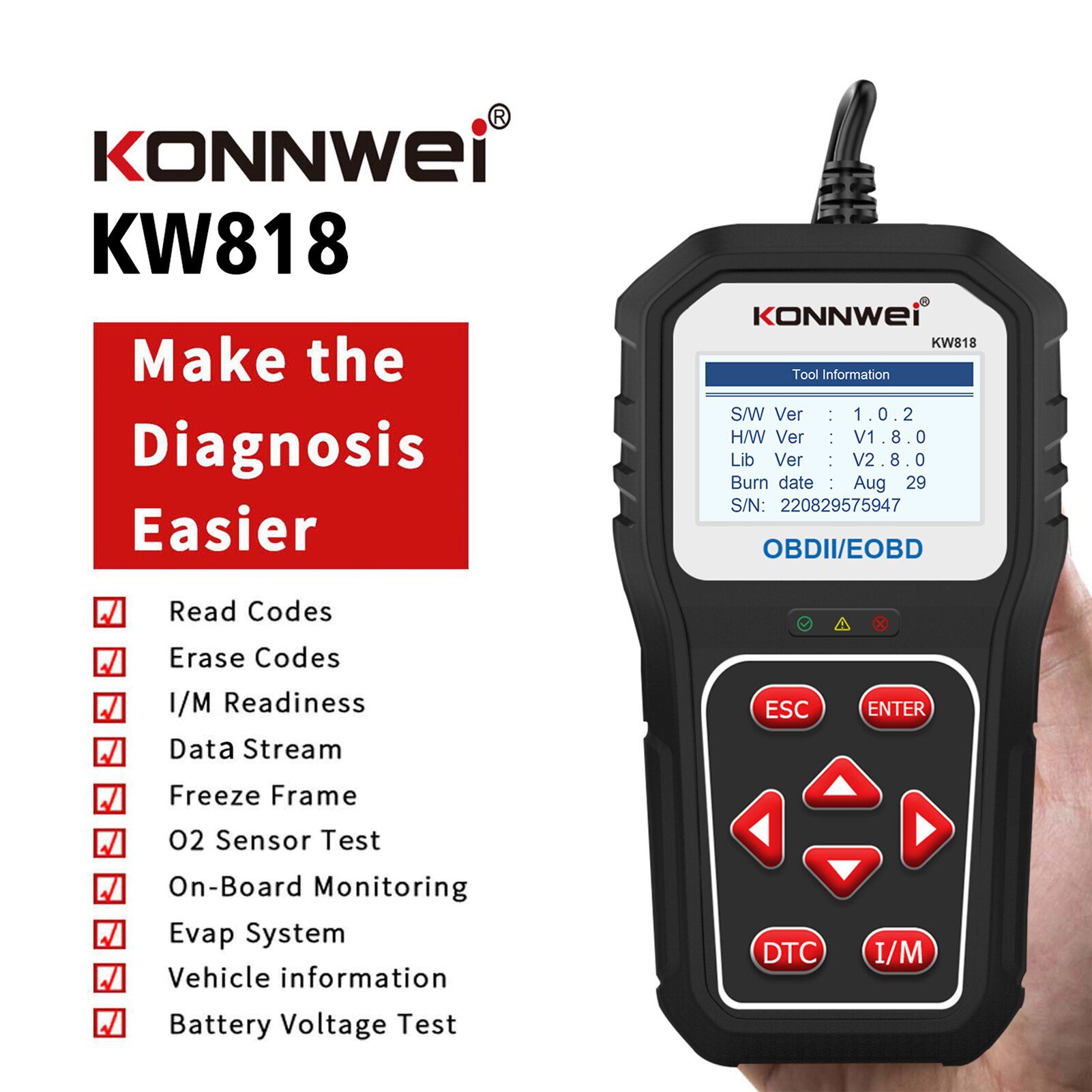 KONNWEI KW818 OBD2 Scaner Ferramentas de diagnóstico do carro Auto Code Reader Battery Tester Check Engine Fault Code Reader Bluetooth Upgrade