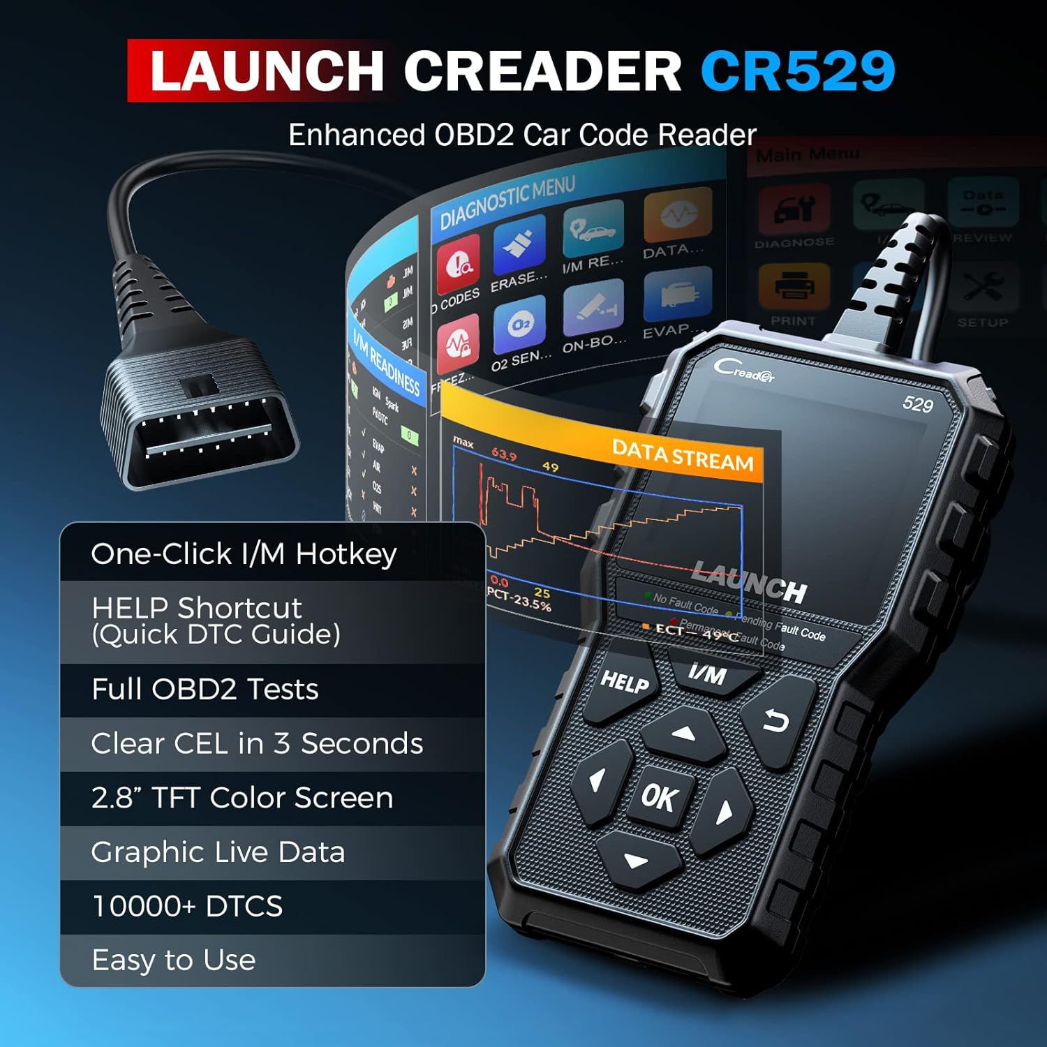 Lançamento CR529 ferramenta de diagnóstico do scanner OBD2, backup completo do scanner OBD2, códigos claros, I / M de um clique, para DIYers com carros após 1996