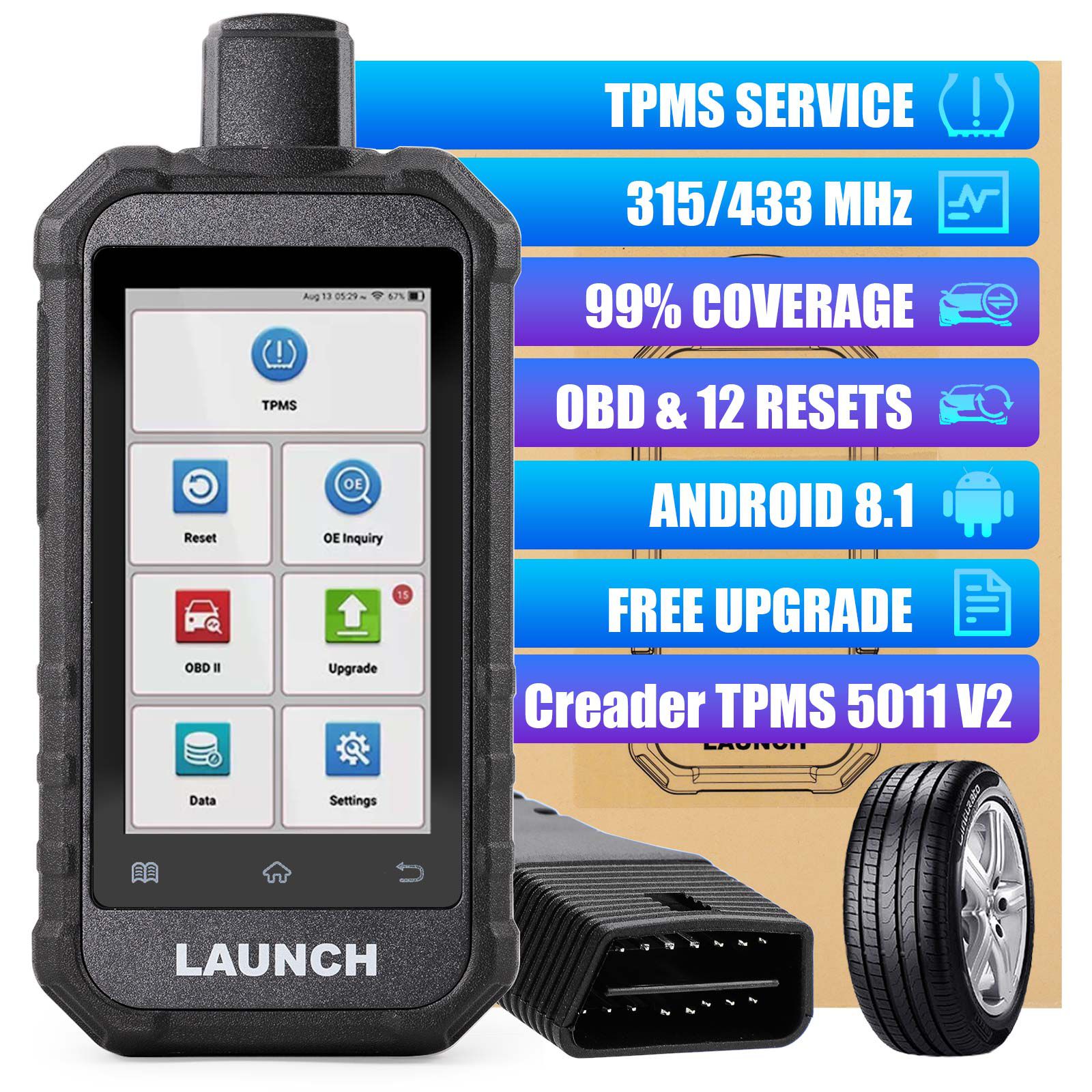 2025 LAUNCH Creader TPMS 5011 V2 TPMS ferramenta de diagnóstico de ativação WIFI atualização 12 funções de redefinição ativar 315/433MHZ & 2.4Ghz sensores de pressão dos pneus